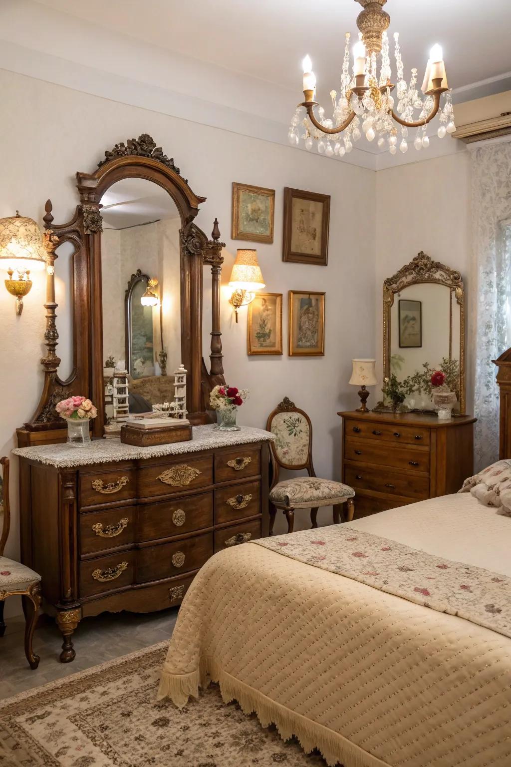 Vintage mirrors introduce refinement and character.