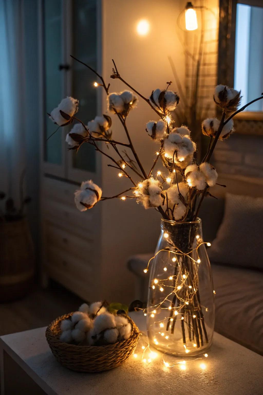 Whimsical charm featuring fairy-lit cotton stems.