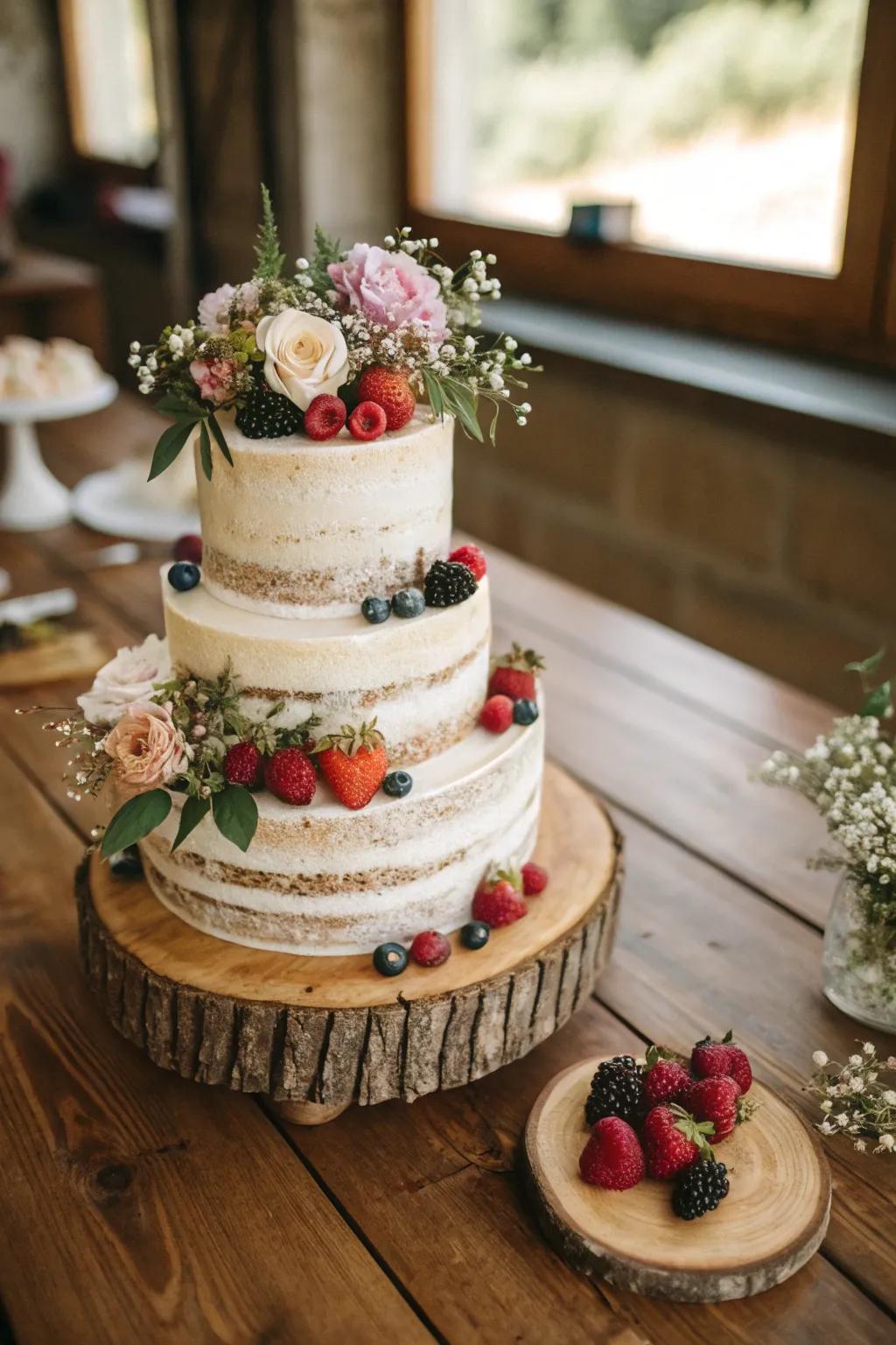 A rustic nuptial cake with natural decorations.