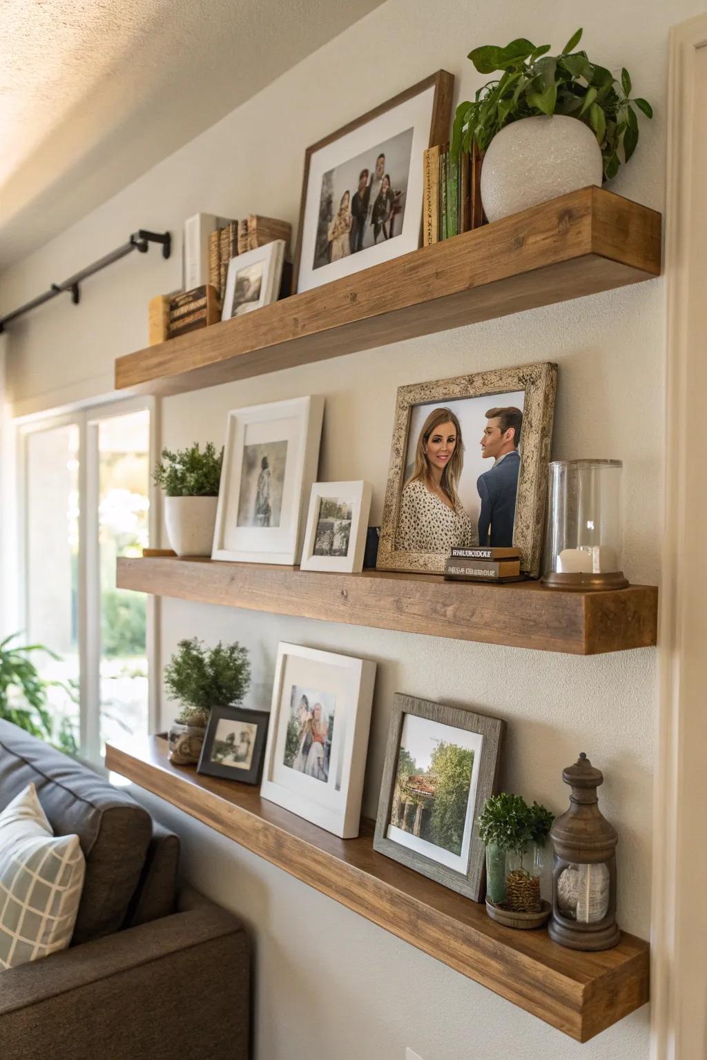 Floating ledges offer versatility and flair for your photo display.