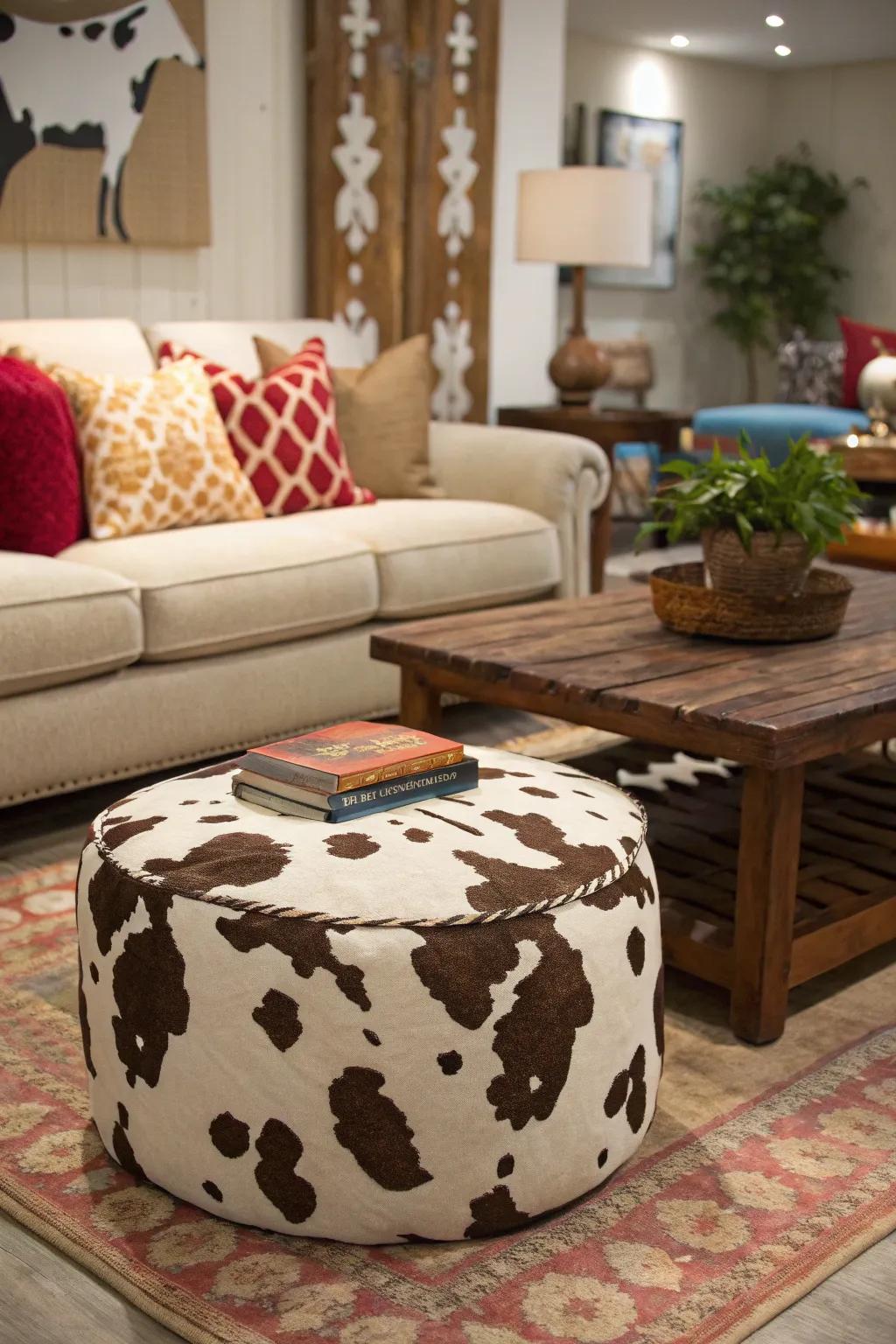 A farm animal pattern ottoman adds whimsy and function to any space.