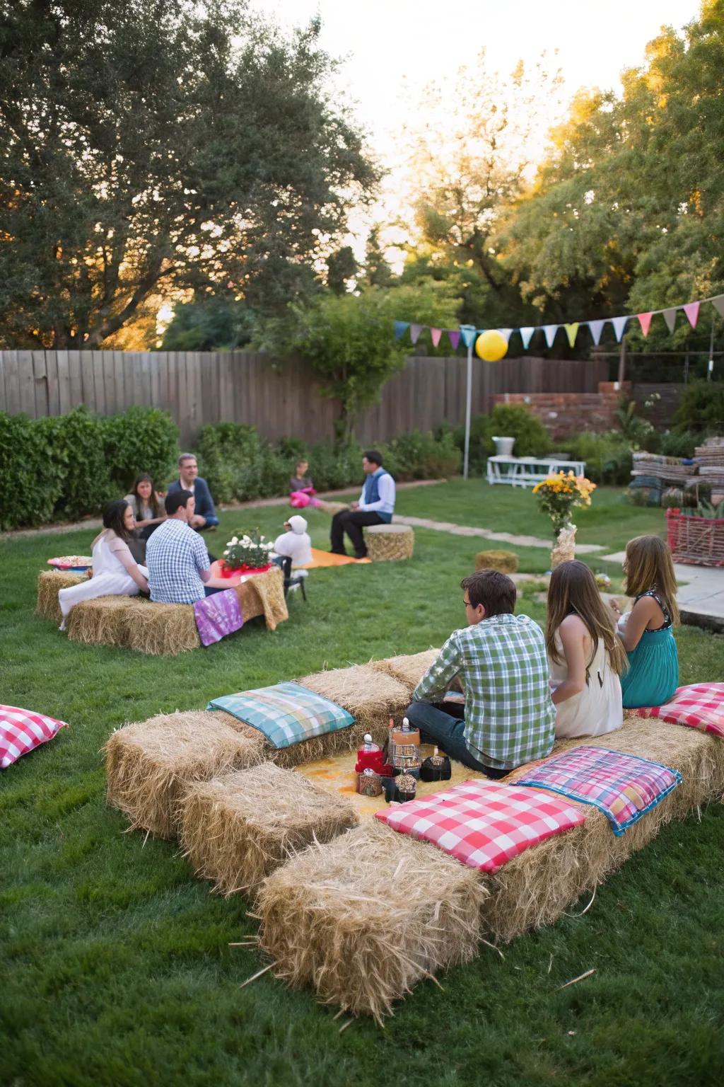 Establish the scene with comfortable hay bale seating.