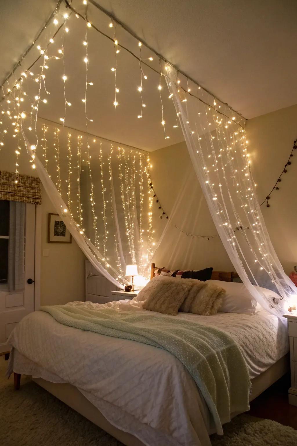 Twinkle lights installed underneath a bed.