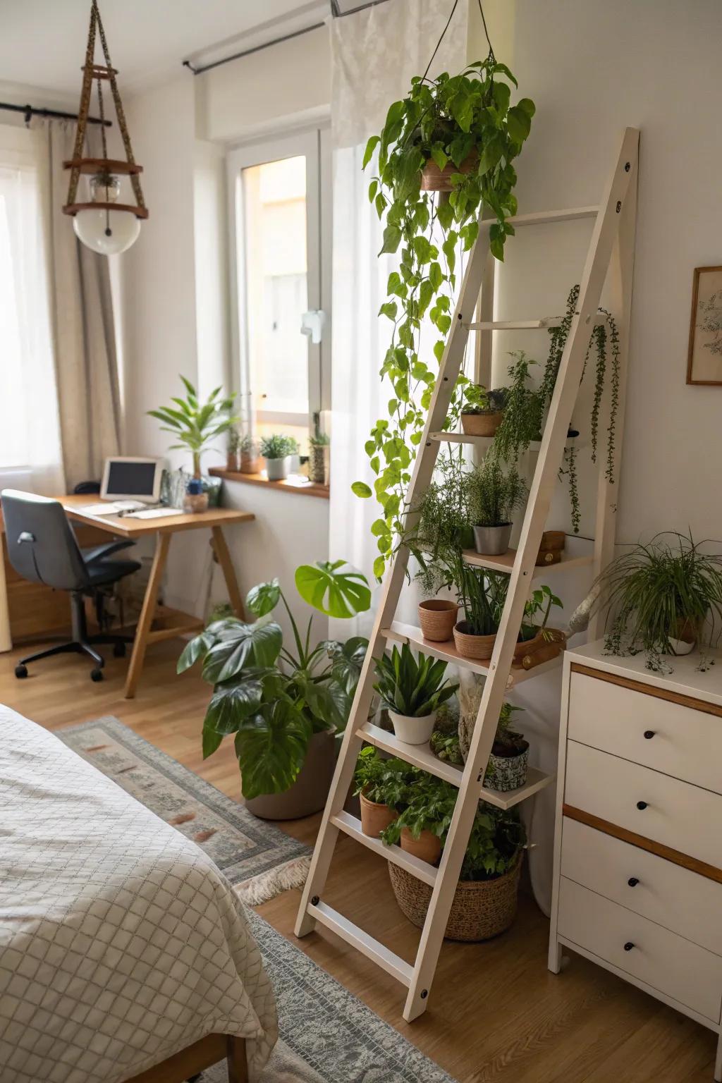 A plant ladder offers a vertical solution for displaying your plant collection.