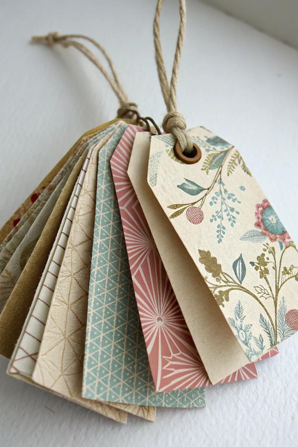 A layered hang tag combining different materials for an artistic look.