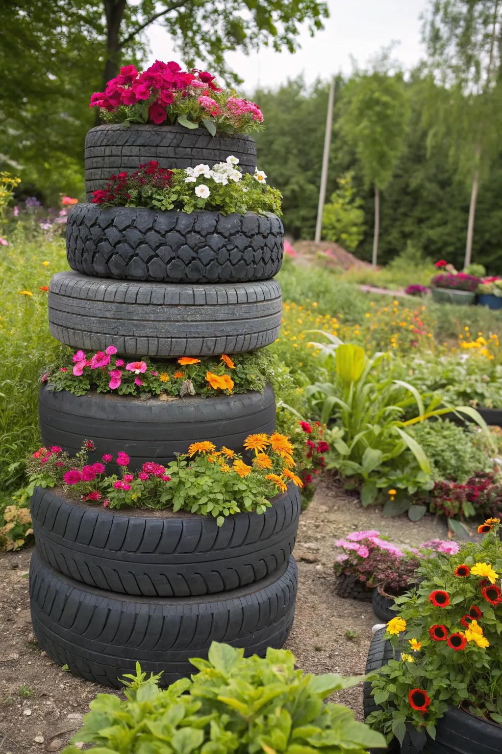Stunning tiered display made from stacked tires.