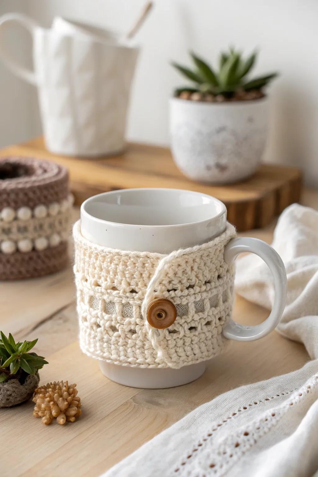 Enhance your coffee moments with a charming crochet mug cozy, blending Scandinavian minimalism with boho flair.