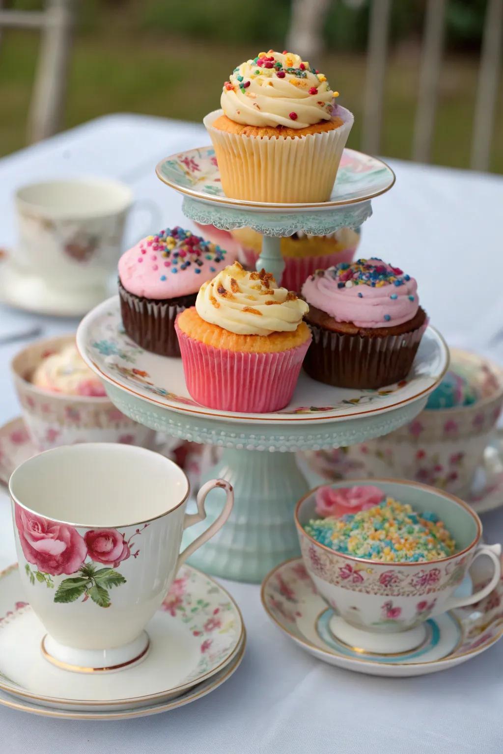 Playful arrangement with teacups and saucers for a whimsical cupcake display.