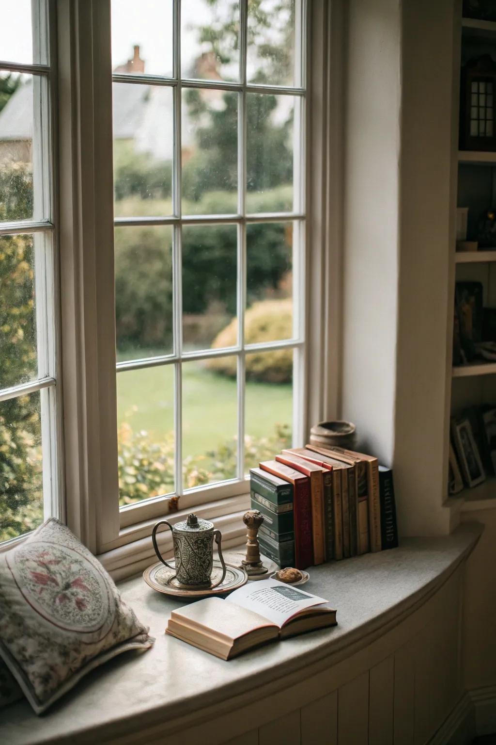 A clever use of a small display shelf in an arched bay window.