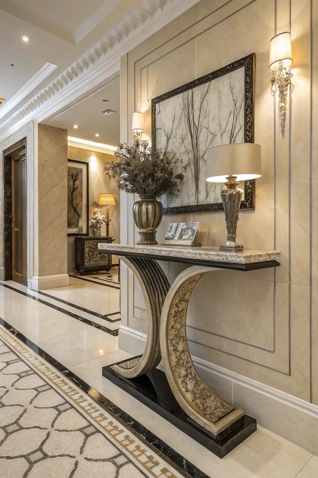 Artistic entryway table creating a striking first impression