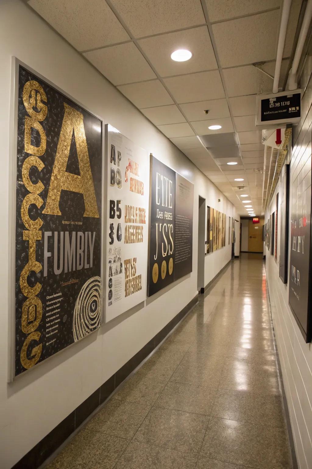Typeface posters with metal details adding luxury to a hallway.