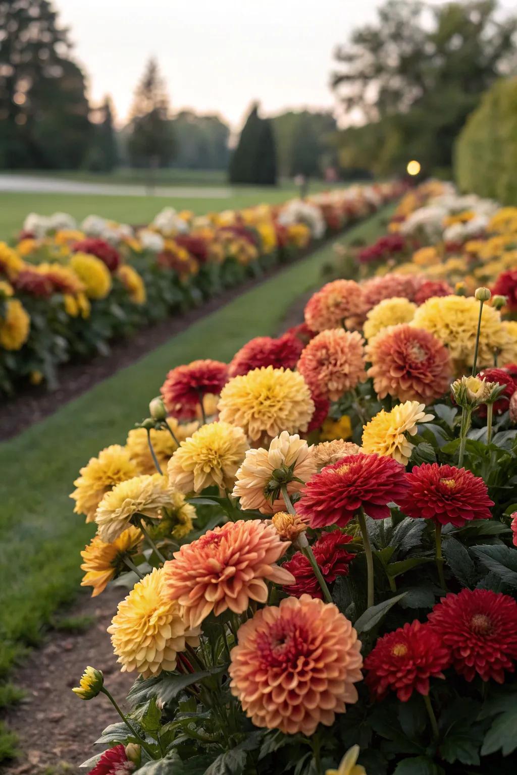 A dahlia garden themed after the sunset.