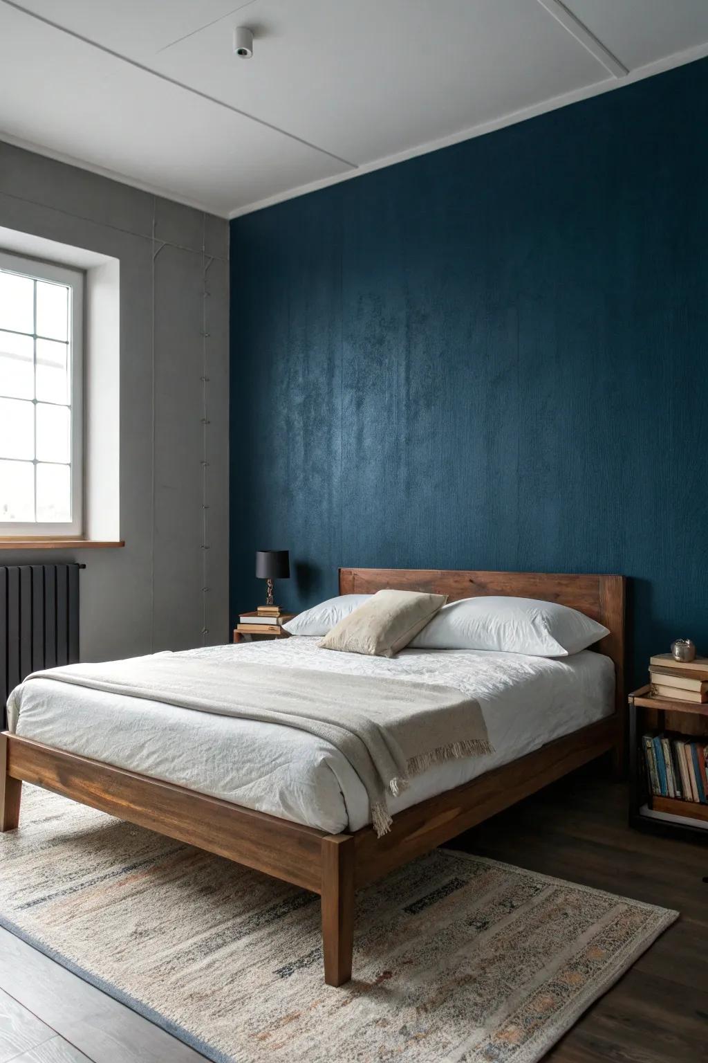 Simple deep blue wall coverings provide a serene backdrop.