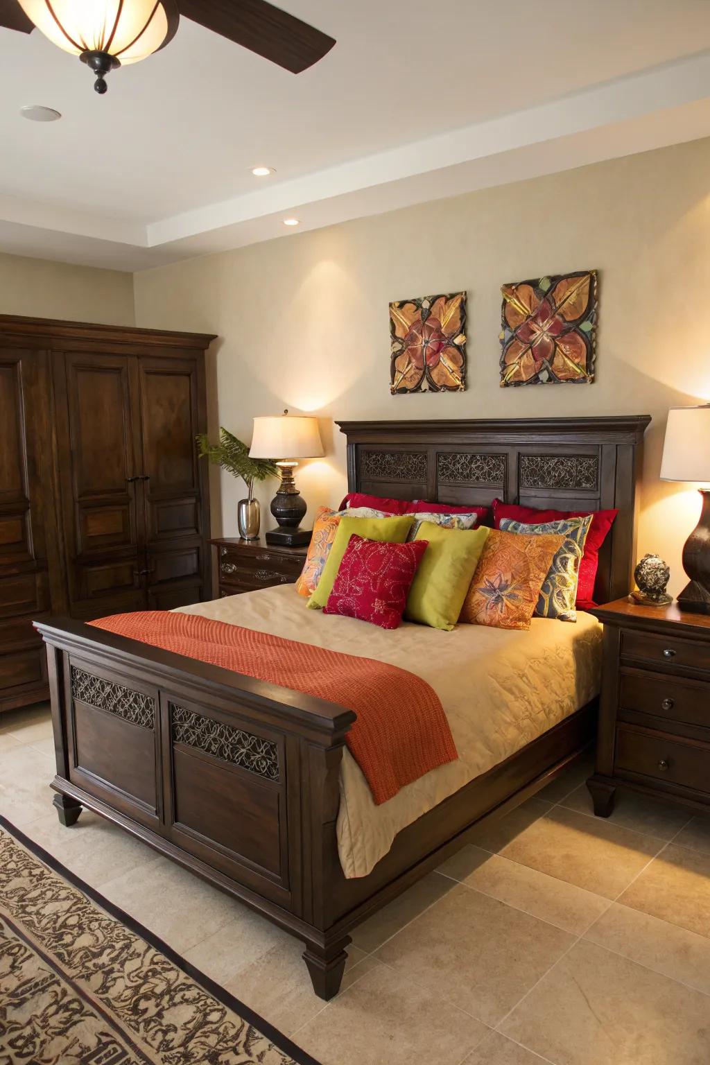 A lively color enlivens dark brown decor, adding vibrancy.