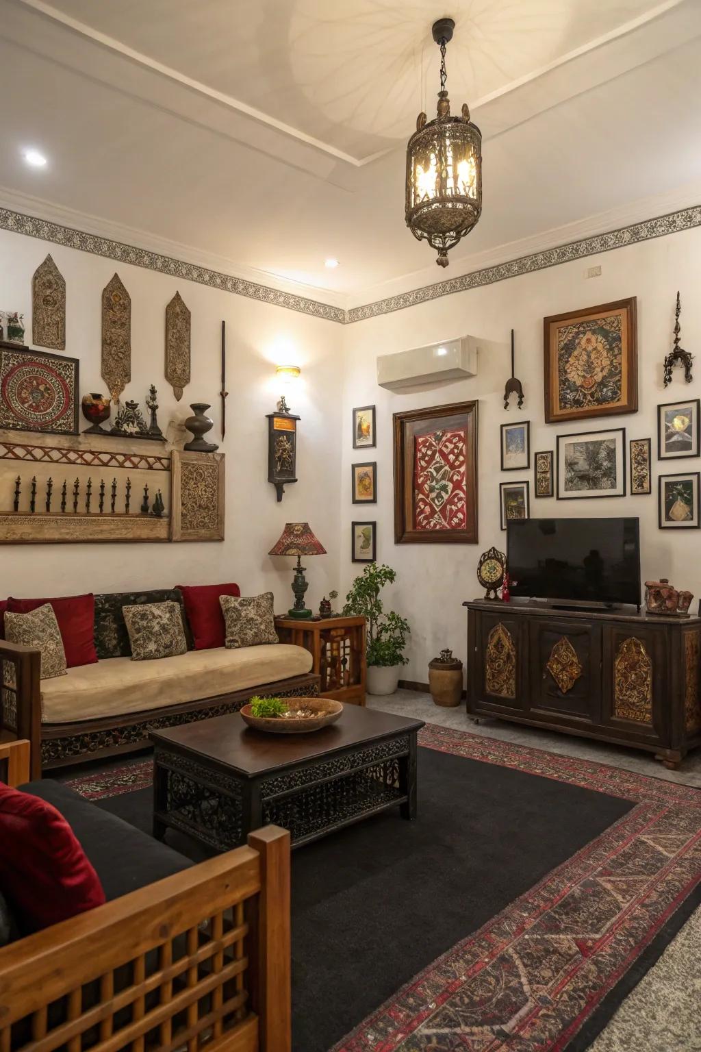 Cultural touches add personality to a dark floor covering.