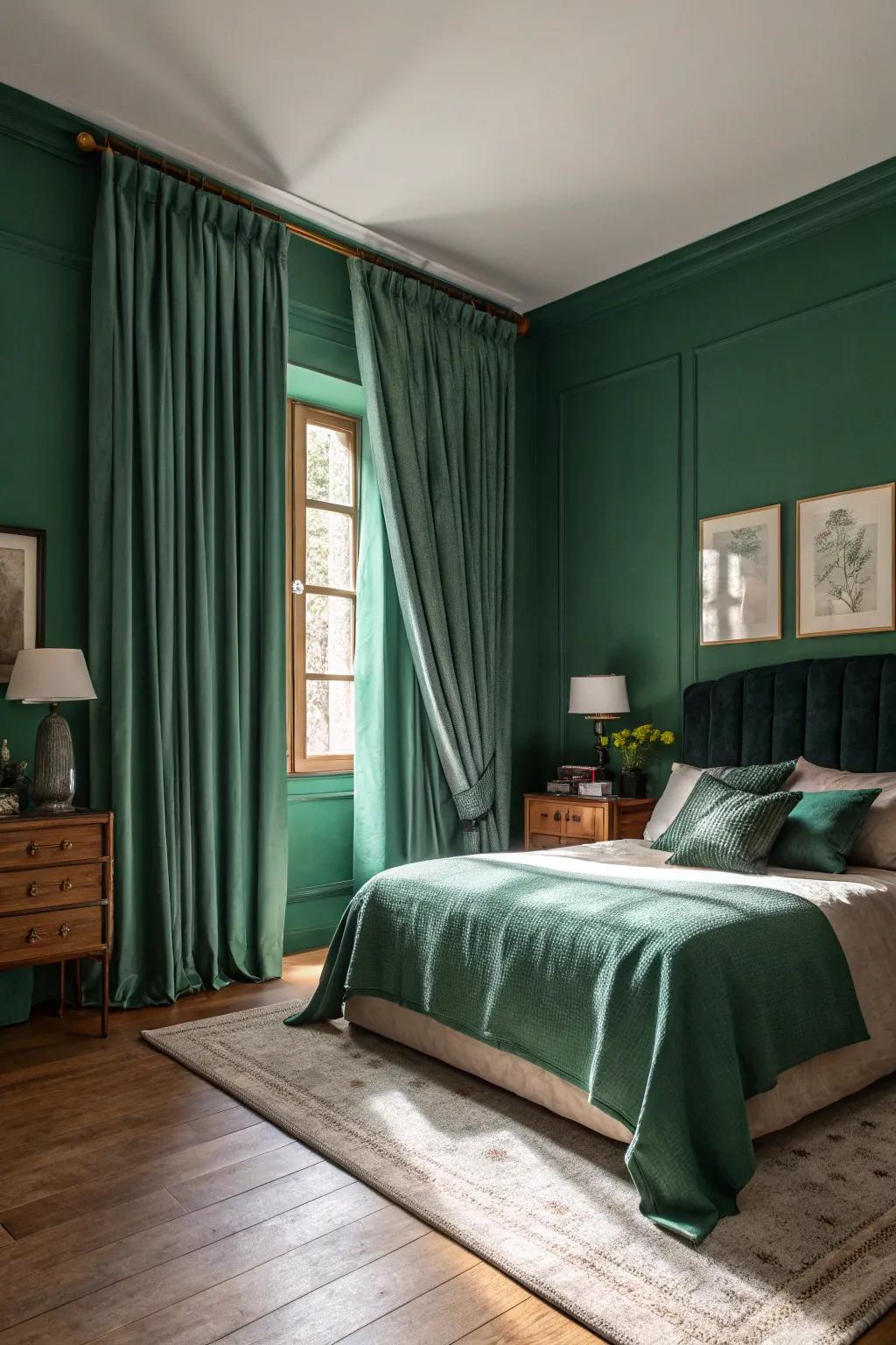 A bedroom with emerald green hangings and dark green walls offering elegance and intimacy.