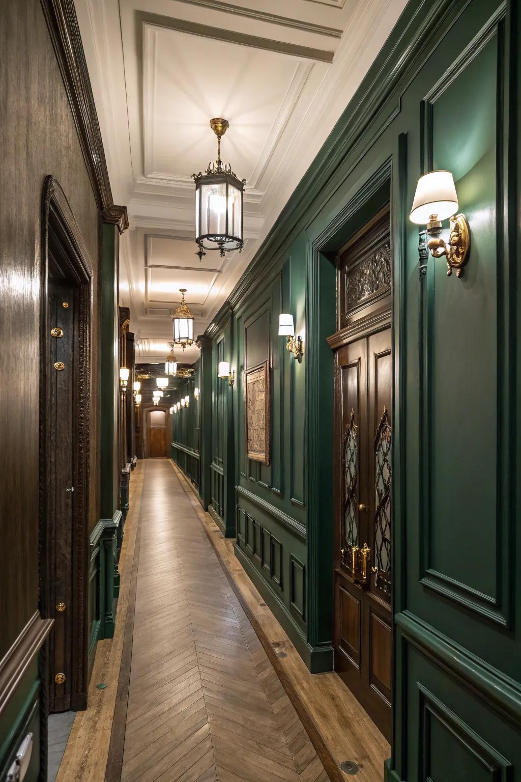 Deep green paneling adds refinement to the hallway.