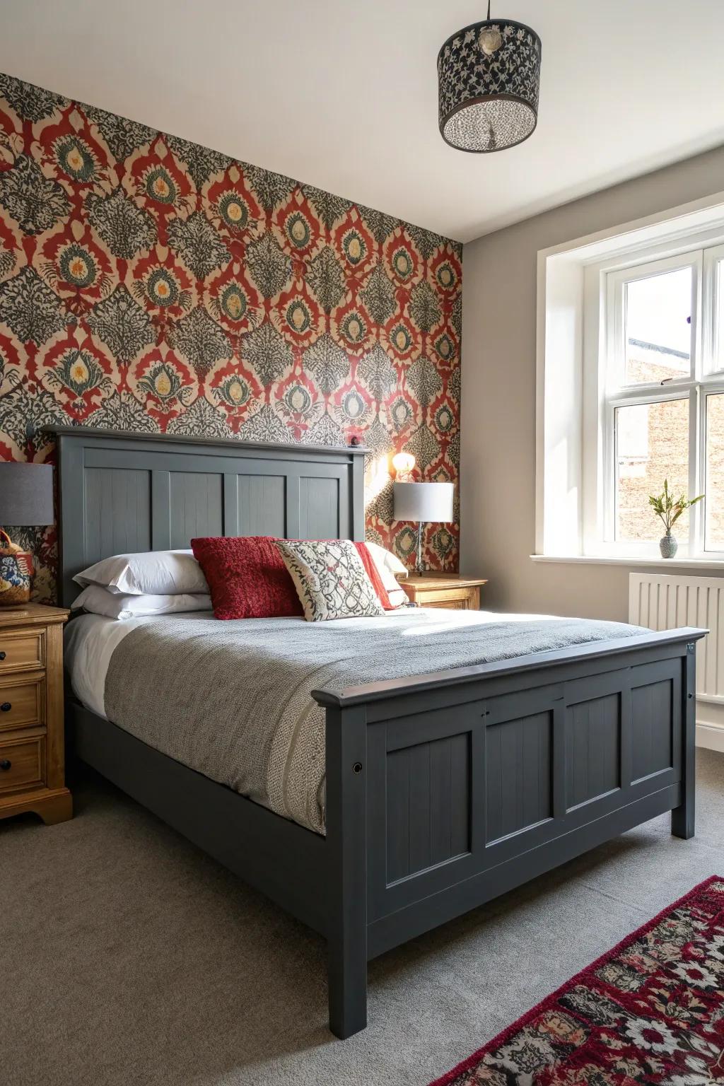 A bold accent wall enhances the focal point of a dark grey bed frame.