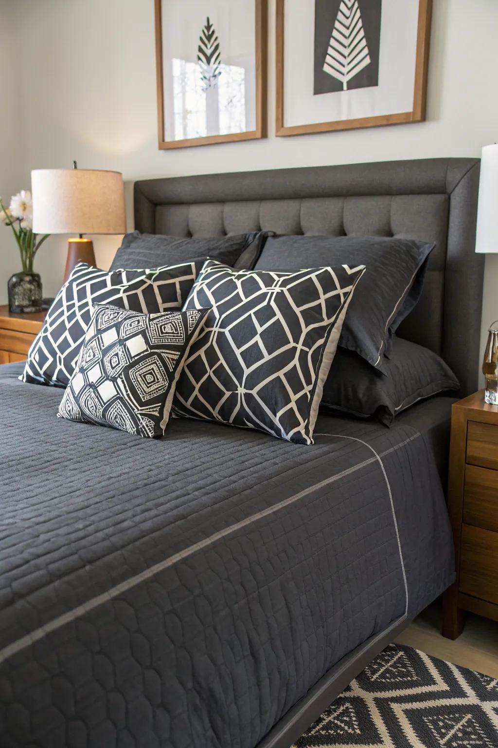 Charcoal bedding is given a modern edge by geometric designs.