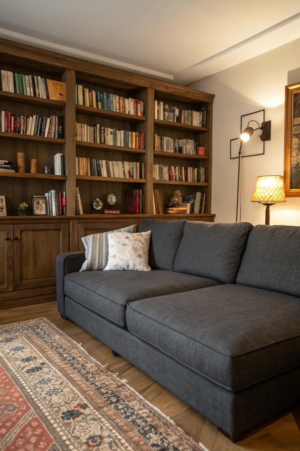 Bookshelves as backdrops fashion a cozy library feel.