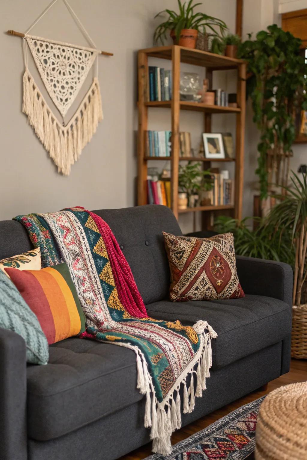 Bohemian elements add a laid-back vibe to a grey couch setting.