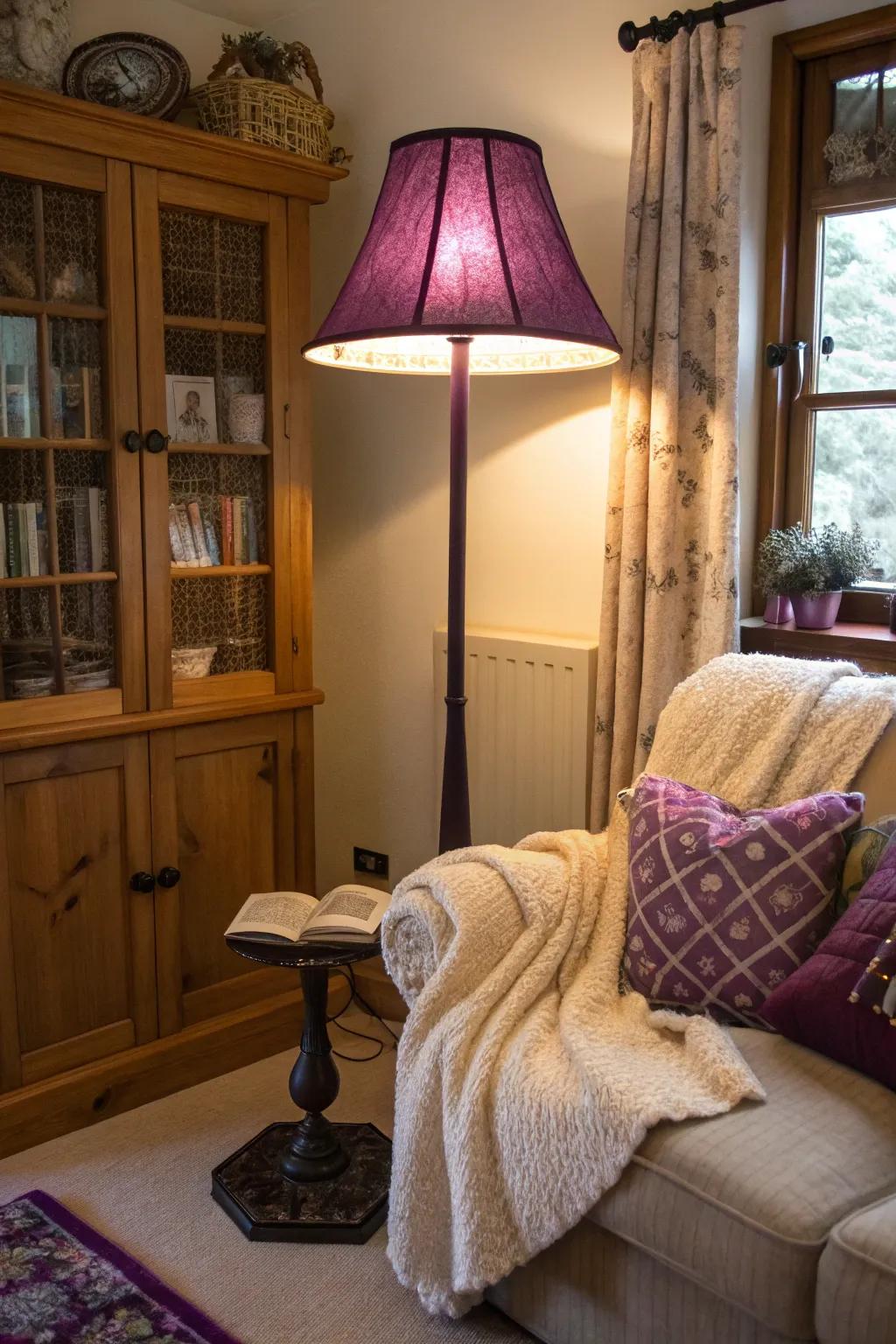 A deep violet upright lamp brightens the corner of this snug lounge.