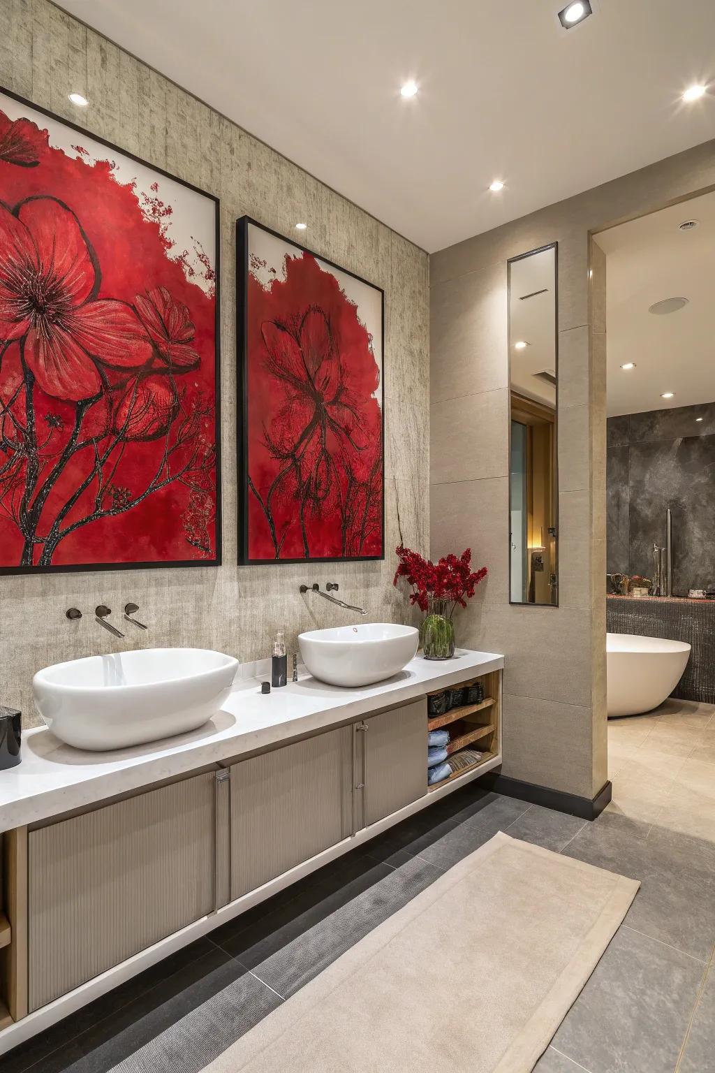 Statement red artwork characterizes and personalizes your bathroom.