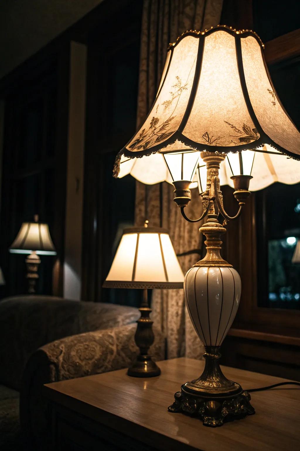 A lamp with warm white lightbulbs illuminating a dark room.
