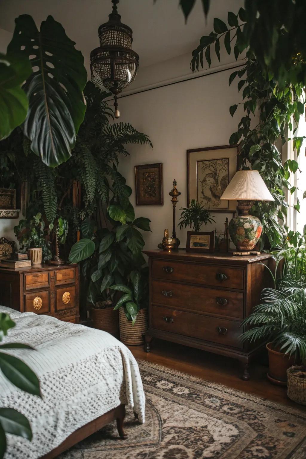 Dimly lit green foliage provides a refreshing contrast in a dimly lit, old-fashioned bedroom.