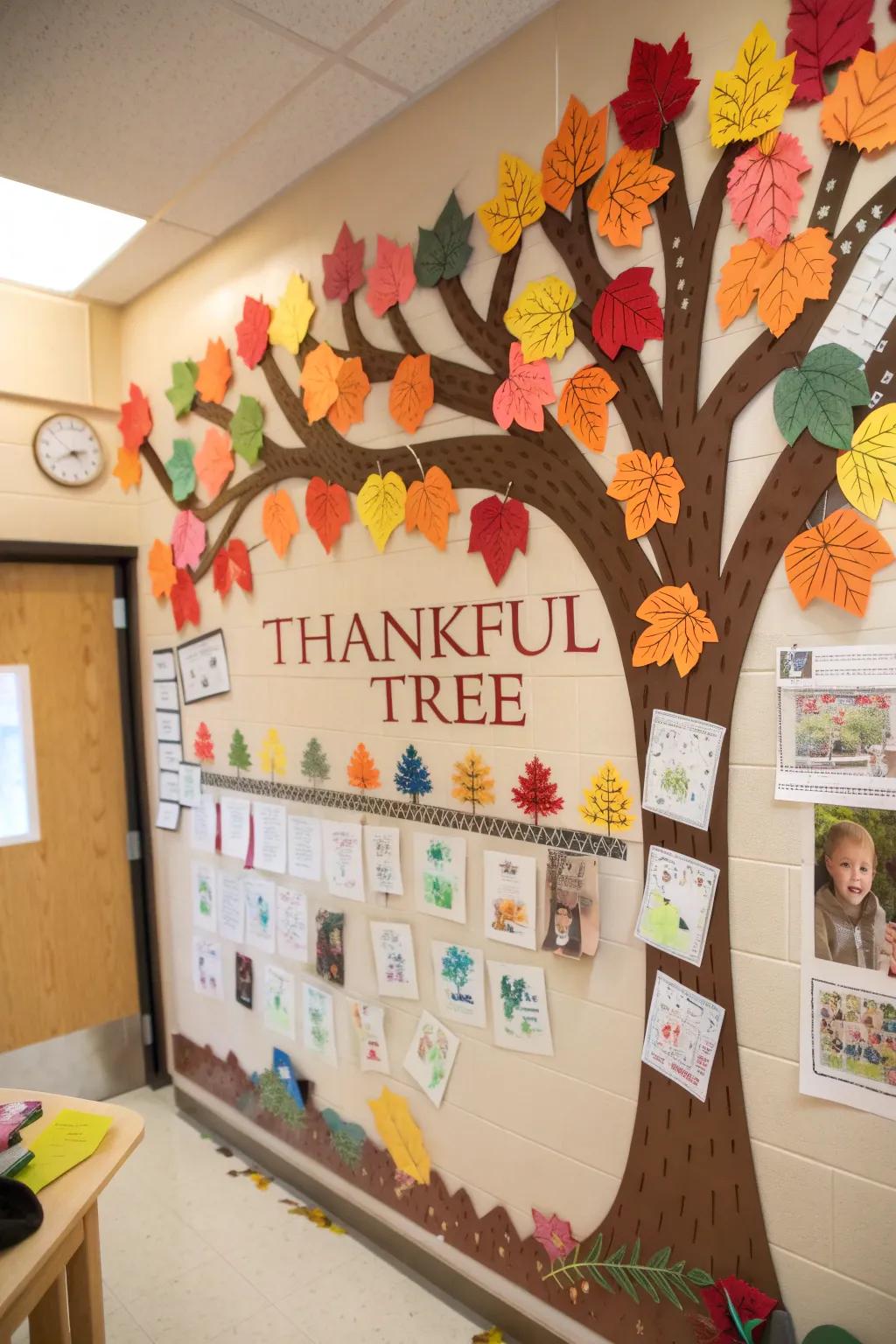 Gratitude Arbor board featuring gratitude-filled leaves.