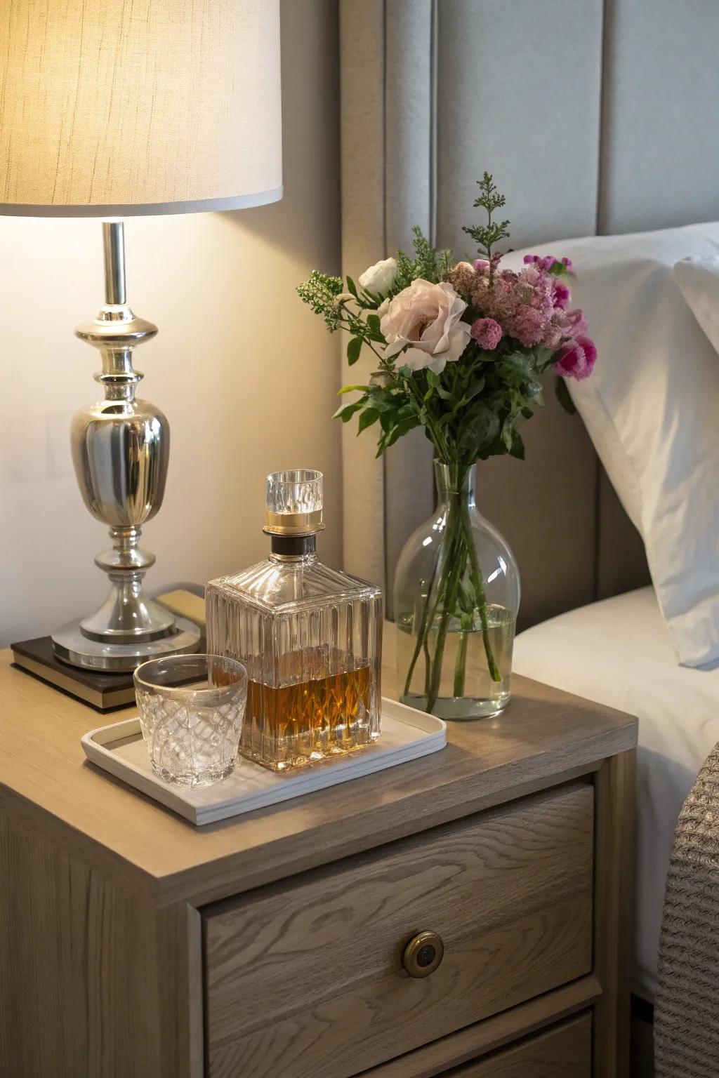 A nightstand featuring a glass vessel as a decorative water or flower holder.