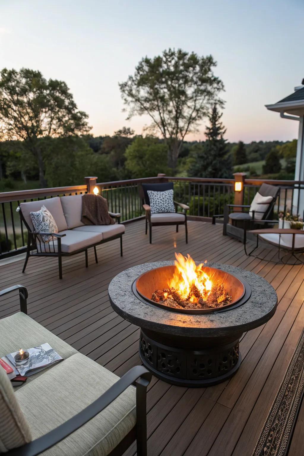A central fire pit becomes the heart of your deck, inviting warmth and conversation.