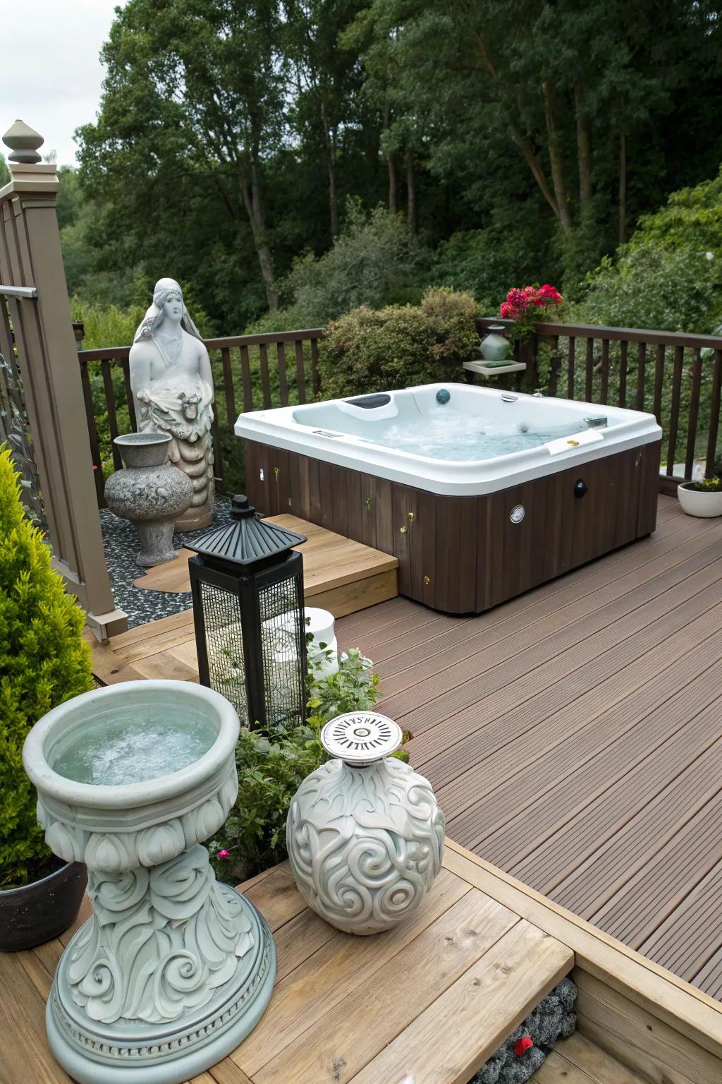Artistic touches personalize the hot tub deck.