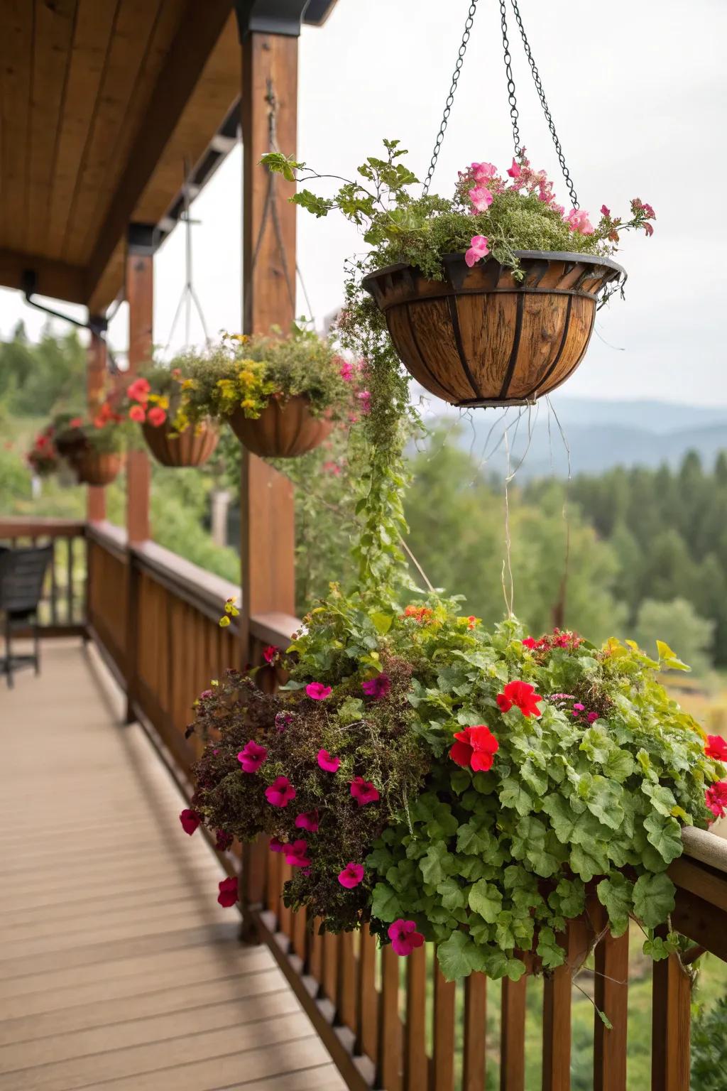 Hanging baskets add greenery and save floor space.