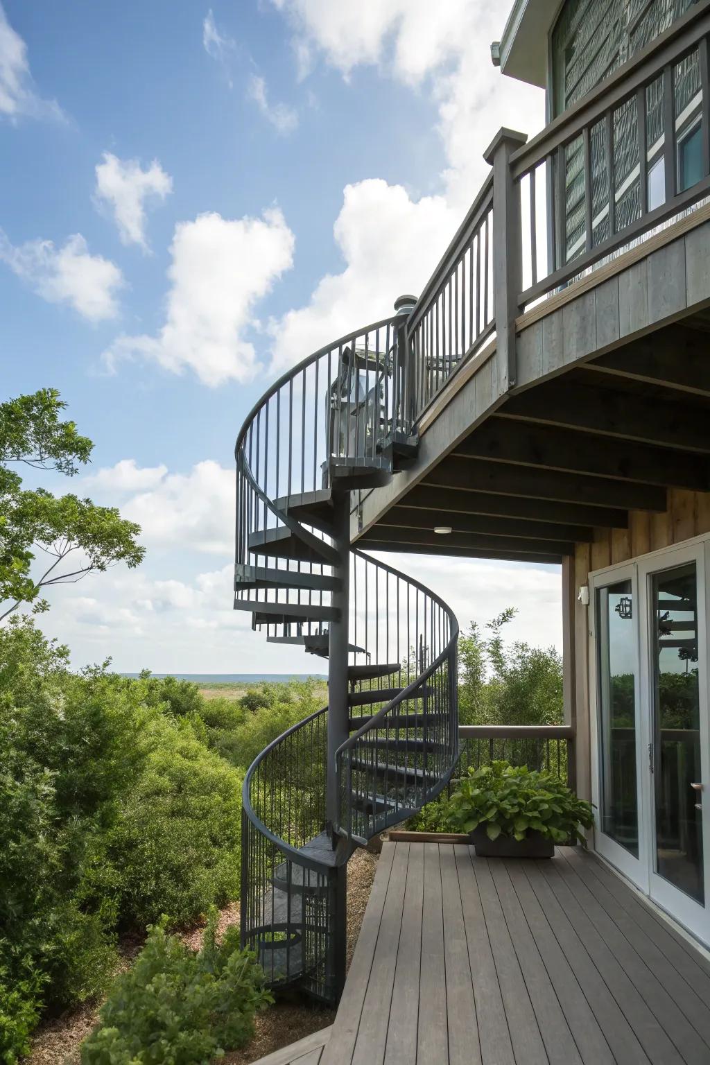 A helical staircase is a fashionable solution for compact spaces.