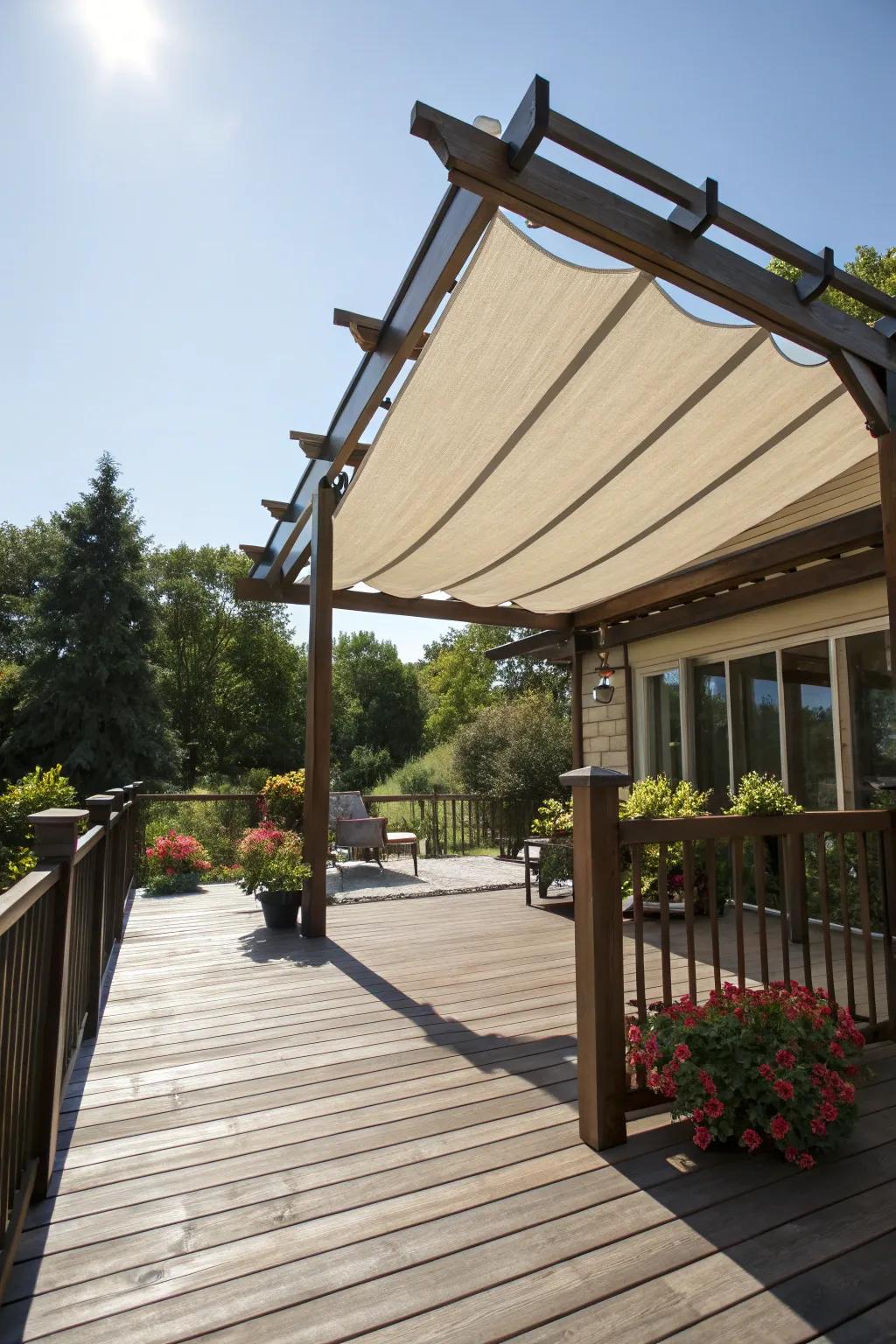 A pergola featuring an adjustable shade for versatile protection.