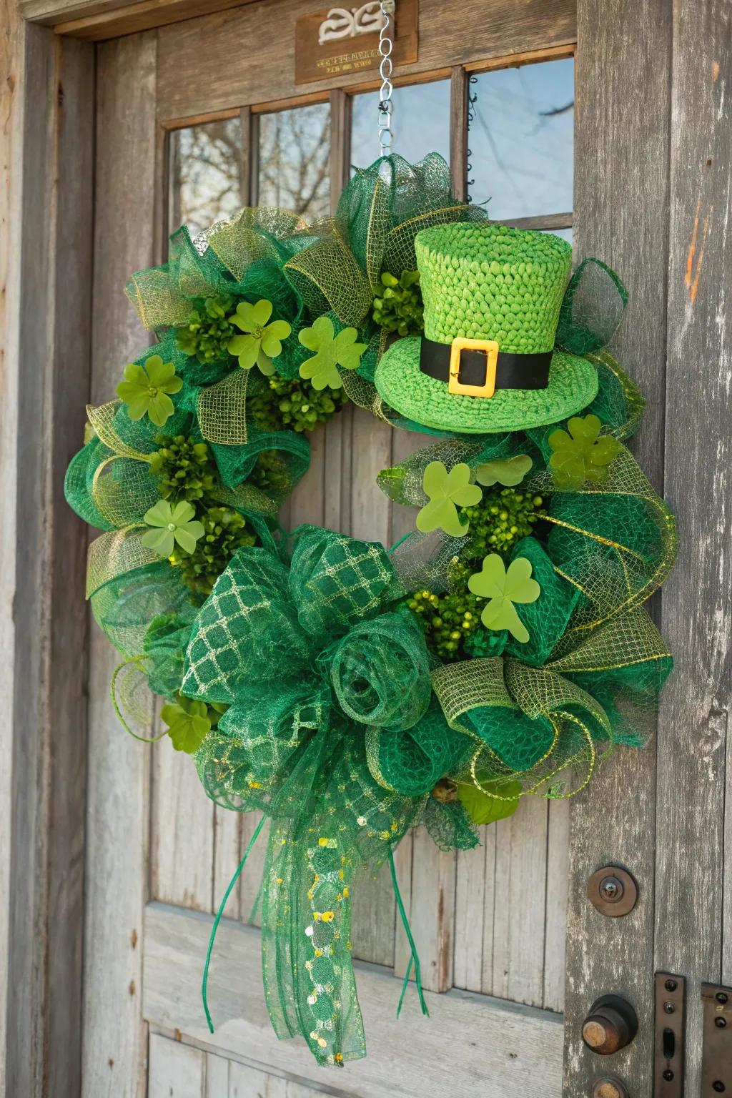 A St. Patrick’s Day deco mesh wreath that brings luck.