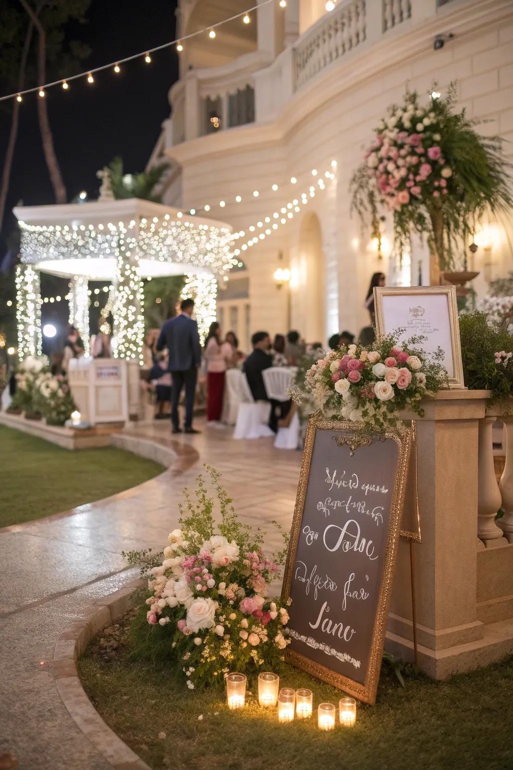 Personalized signs adding a unique touch to a wedding venue.