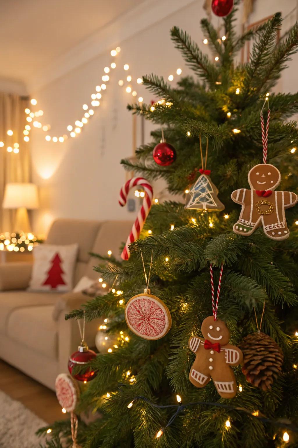 A gingerbread paradise Christmas tree with warm lights and sweet decorations.