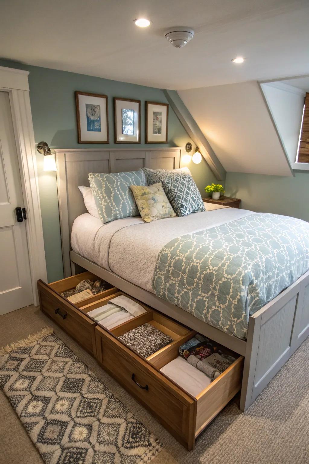 Concealed storage drawers maintain tidiness in a small bedroom.