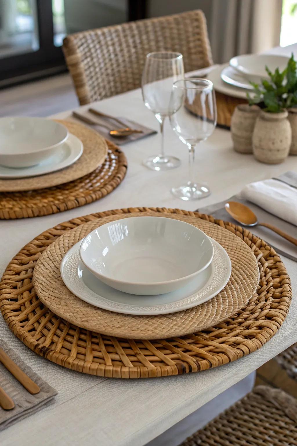 Textured rattan presentation plates add visual interest.