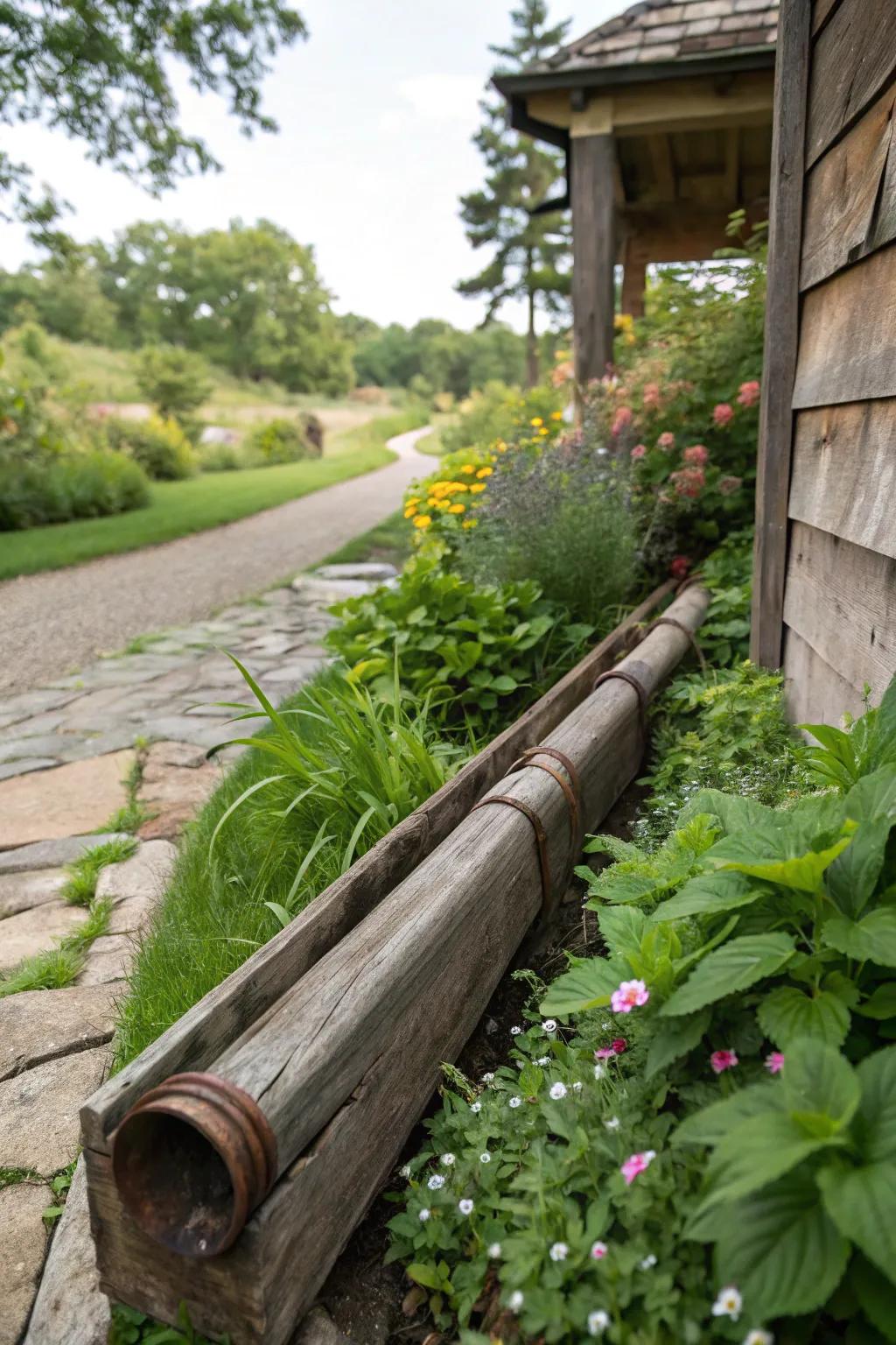 Rustic wood encasements add warmth and charm to downspouts.