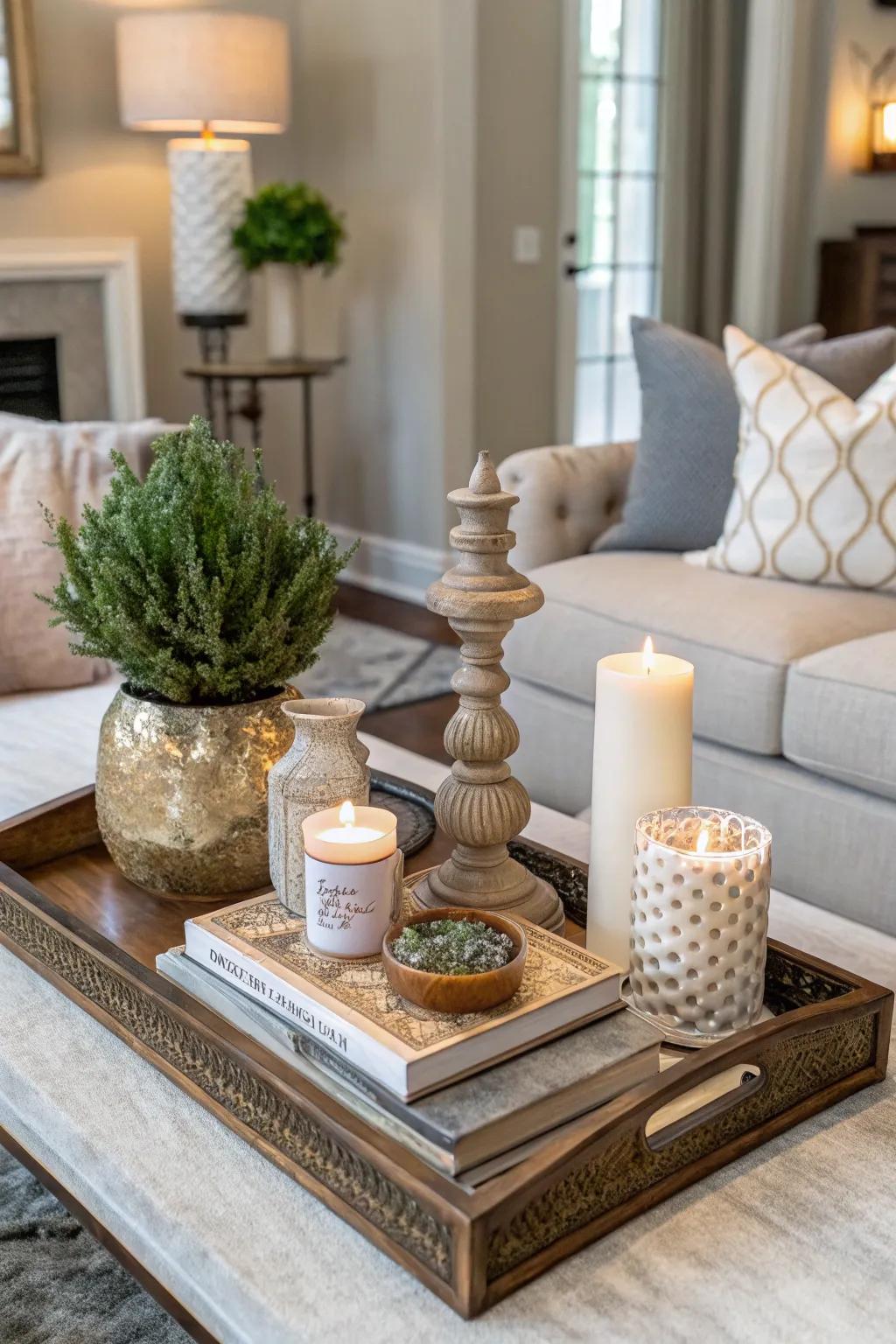 A layered design with different heights on a decorative display piece.