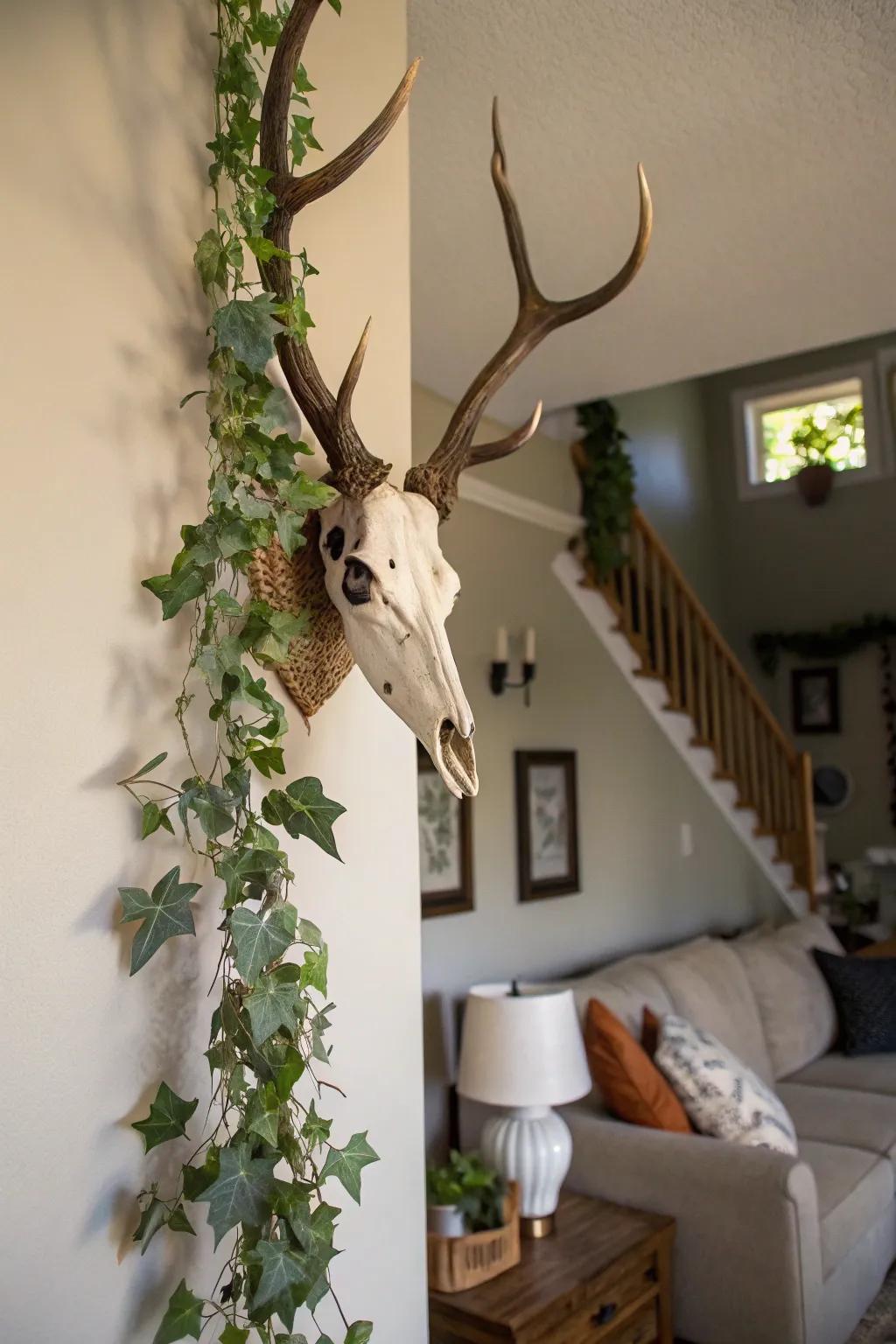 Foliage highlights introduce a fresh touch to this deer skull.