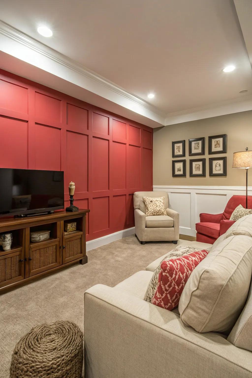A relaxation room with an unexpected burst of color from a standout accent wall.