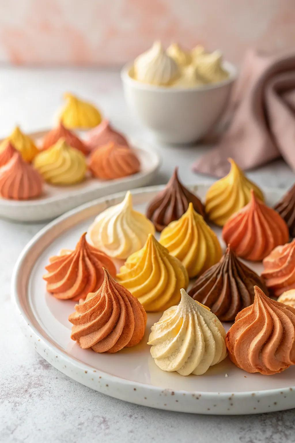 Small foam cakes in warm colors such as tangerine, golden, and chocolate.