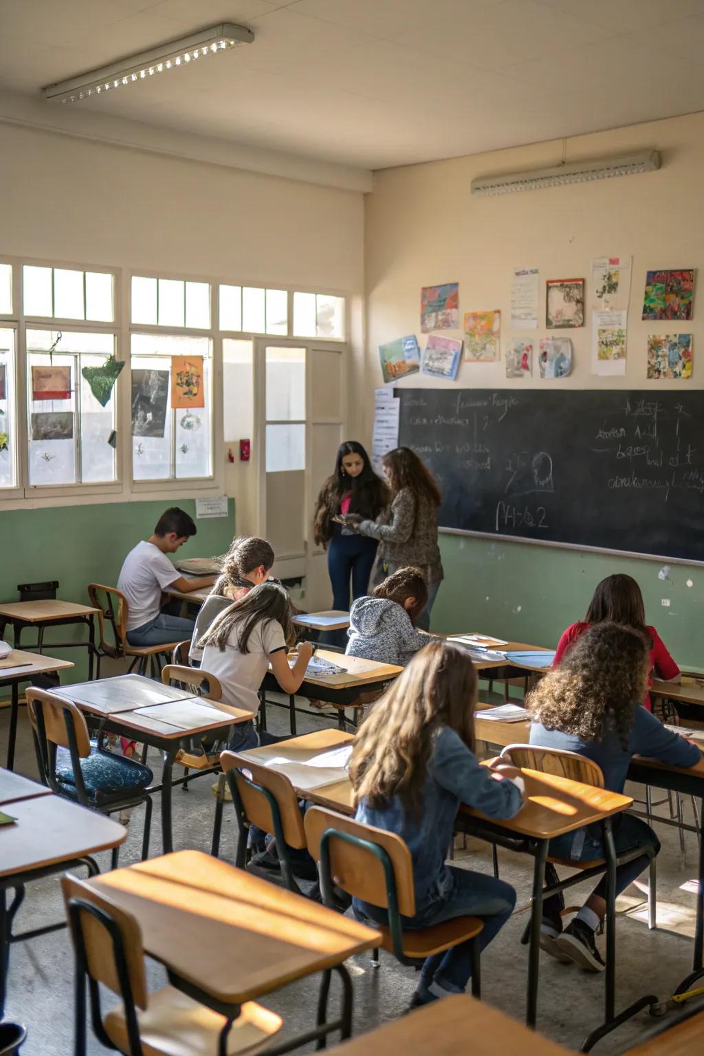 Diagonal desk arrangements introduce a dynamic and engaging classroom layout.