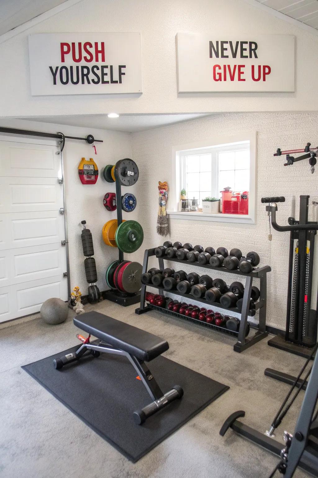 A tailored fitness area with custom accents and quotes to provide inspiration.