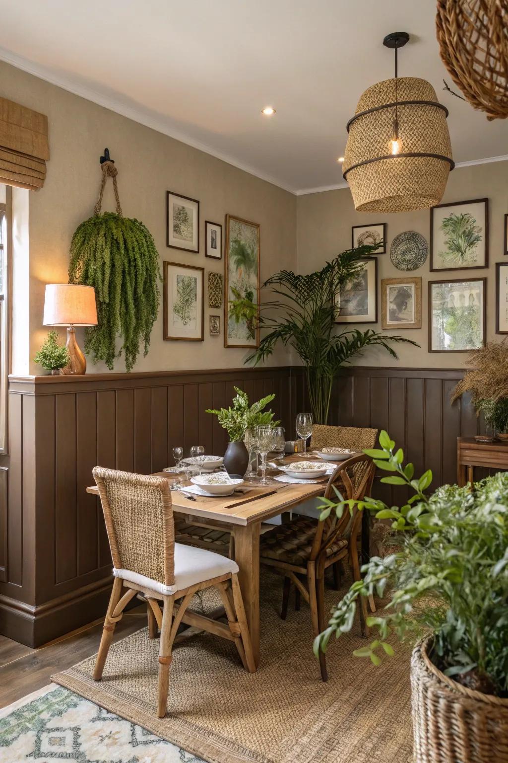 Earthy-toned wainscoting creates a calming and natural atmosphere.