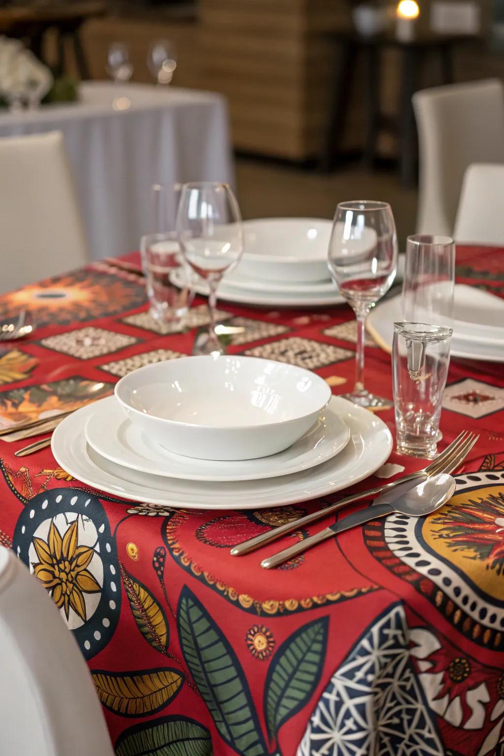A striking patterned overlay can serve as the focal point of the table.
